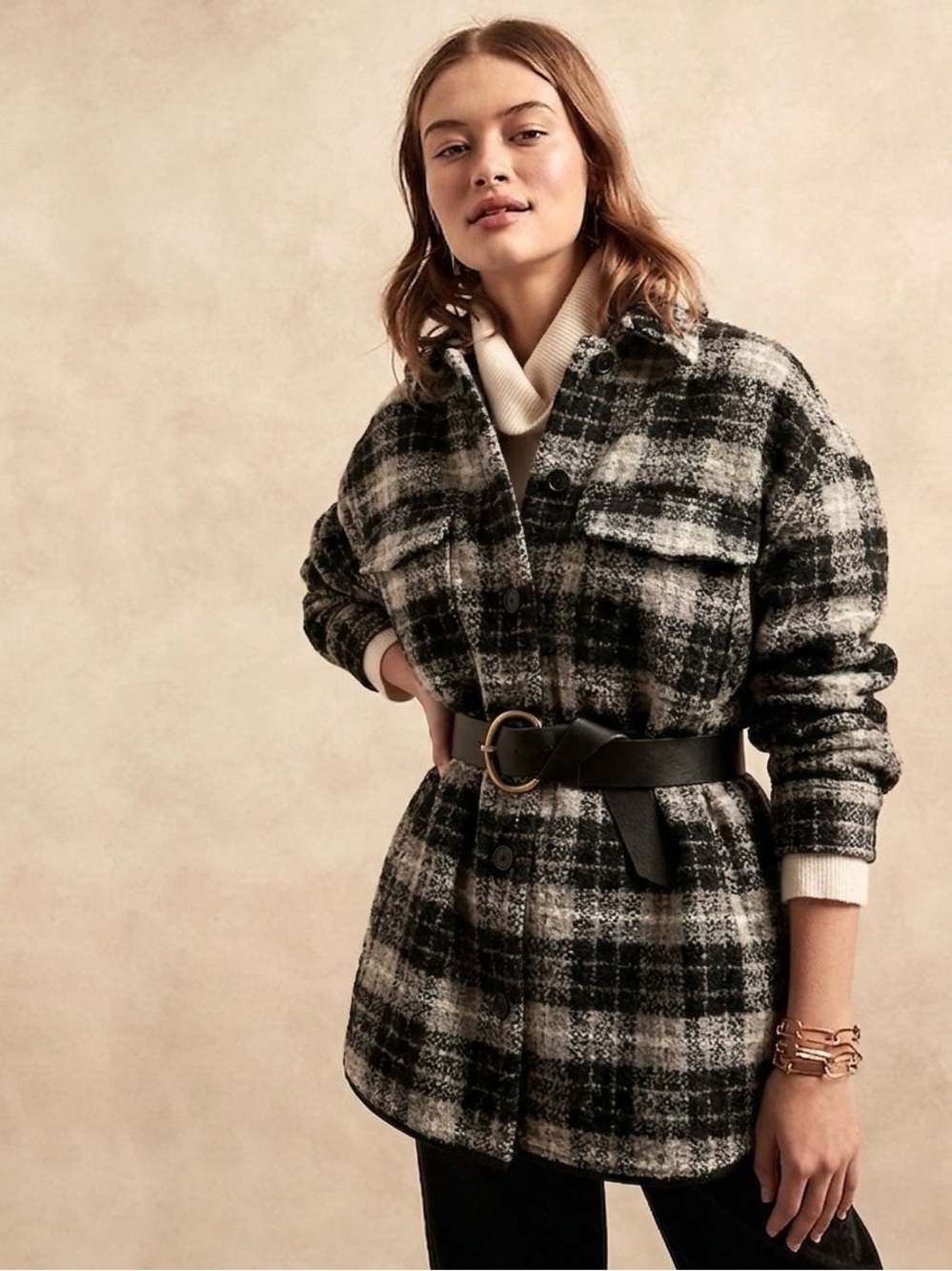 Banana Republic Plaid Bouclé Oversized Shirt Jacket Black Shacket Quiet Luxury L